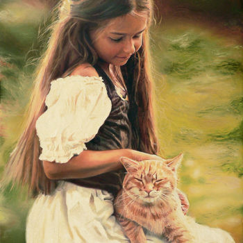 Painting titled "Girl with Red Cat" by Alexey Slusar, Original Artwork, Oil