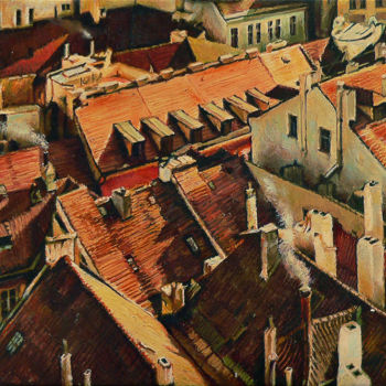 Painting titled "Prague roofs" by Alexey Slusar, Original Artwork, Oil
