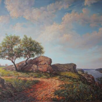 Painting titled "view of the old dni…" by Gennadiy Protsko, Original Artwork, Oil