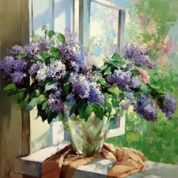 Peinture intitulée "Lilacs on Window" par Yuri Pryadko, Œuvre d'art originale, Huile