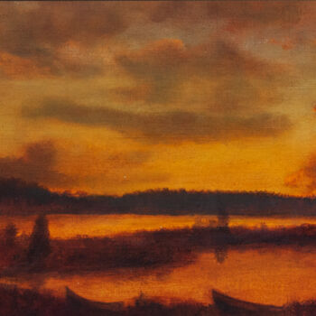 Painting titled "Dusk by the Lakeside" by Przemek Kret, Original Artwork, Oil Mounted on Other rigid panel