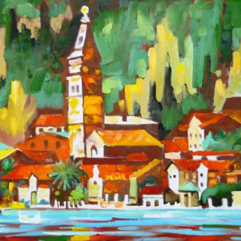 Painting titled "Perast" by Vasilii Ptiukhin, Original Artwork, Oil Mounted on Wood Stretcher frame