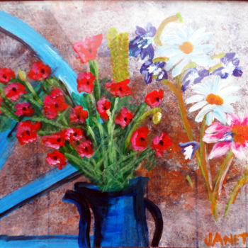 Peinture intitulée "pot bleu et roue" par Janet Delhostal, Œuvre d'art originale, Acrylique Monté sur Verre