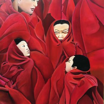 Peinture intitulée "Moines au Tibet" par Sacha, Œuvre d'art originale, Huile Monté sur Châssis en bois