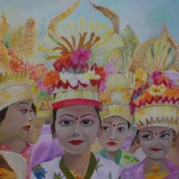 Painting titled "procession balinaise" by Sacha, Original Artwork, Oil Mounted on Wood Stretcher frame