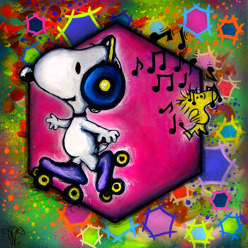 Painting titled "Snoopy Music peintu…" by Pvettese, Original Artwork, Acrylic Mounted on Cardboard