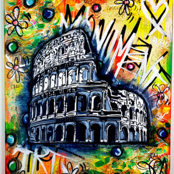 Painting titled "Urban Coliseum Rome…" by Pvettese, Original Artwork, Spray paint Mounted on Wood Stretcher frame