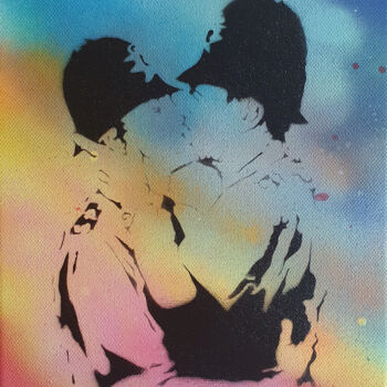 Painting titled "PyB police kiss ban…" by Pyb, Original Artwork, Acrylic Mounted on Wood Stretcher frame