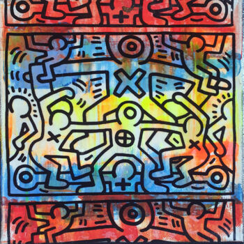 Painting titled "PyB X man Haring  2…" by Pyb, Original Artwork, Spray paint Mounted on Wood Stretcher frame