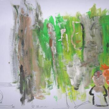 Malerei mit dem Titel "Visages dans le vert" von Q.Mumu, Original-Kunstwerk