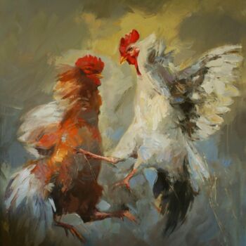 Painting titled "Clash of Roosters-…" by Qais Al Sindy, Original Artwork, Oil