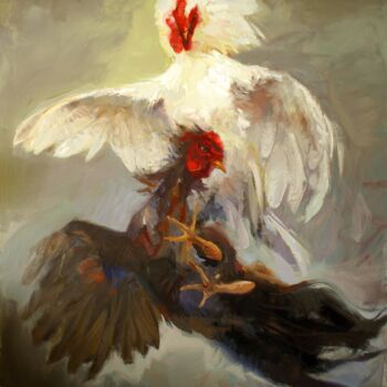 Pittura intitolato "Clash of Roosters-…" da Qais Al Sindy, Opera d'arte originale, Olio