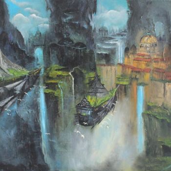 Painting titled "Cave Town" by Vera Derevyanko, Original Artwork, Oil Mounted on Wood Panel