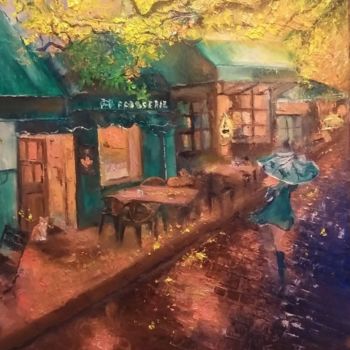 Painting titled "Autumn street" by Vera Derevyanko, Original Artwork, Oil