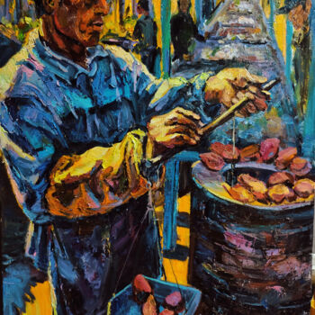 Painting titled "Man selling baked s…" by Qiuzi Zhang, Original Artwork, Acrylic