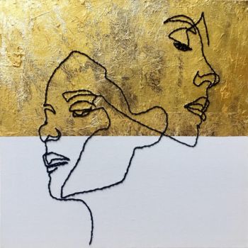 Art textile intitulée "Deux visages sur fe…" par Camille Quedou, Œuvre d'art originale, Broderie