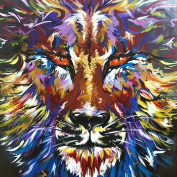 Painting titled "The King Of Savannah" by Dominika Bartková, Original Artwork, Acrylic Mounted on Wood Stretcher frame