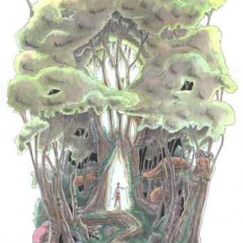 Malerei mit dem Titel "Forêt perdue 3" von Fink, Original-Kunstwerk, Aquarell