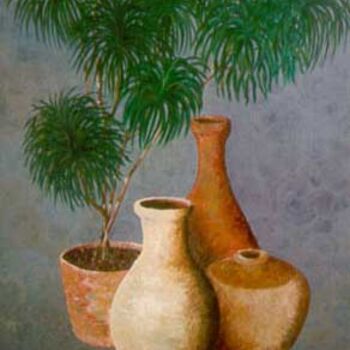 Malerei mit dem Titel "Jars & Plant" von Qusay Alawami, Original-Kunstwerk, Öl