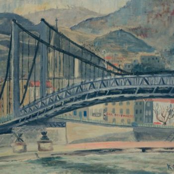 Painting titled "N° 15  Pont suspend…" by R. Cavalié, Original Artwork, Oil Mounted on Wood Stretcher frame