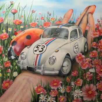 Painting titled "Deux Coccinelles à…" by Roger Dame, Original Artwork, Acrylic Mounted on Cardboard