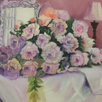 Peinture intitulée "Roses et miroir" par Ren, Œuvre d'art originale, Huile