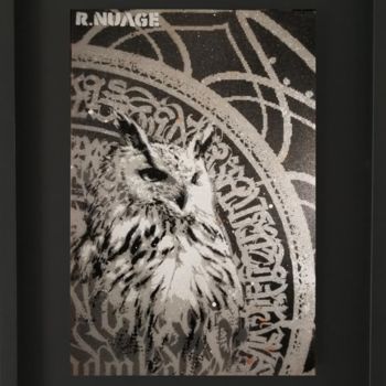 Schilderij getiteld "Black Owl" door R.Nuage, Origineel Kunstwerk, Stencil Gemonteerd op Karton