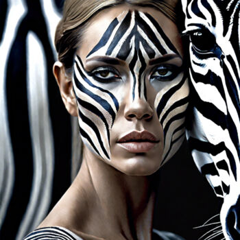 Arte digitale intitolato "Frau mit Zebra_2 -…" da R.W.Born, Opera d'arte originale, Immagine generata dall'IA