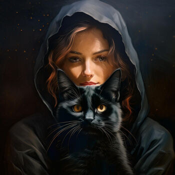 "Black Cat - Portrait" başlıklı Dijital Sanat R.W.Born tarafından, Orijinal sanat, AI tarafından oluşturulan görüntü