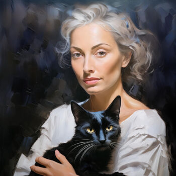 Digitale Kunst mit dem Titel "Portrait mit Katze" von R.W.Born, Original-Kunstwerk, KI-generiertes Bild