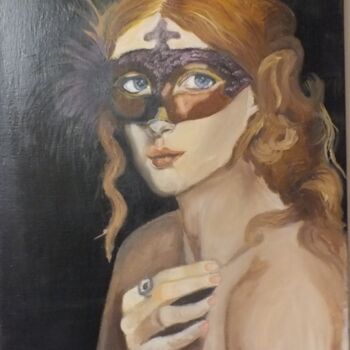 Painting titled "woman with mask" by Robin Stříbný, Original Artwork, Oil
