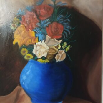 Painting titled "Zátiší květiny" by Robin Stříbný, Original Artwork, Oil Mounted on Wood Stretcher frame
