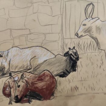 Drawing titled "Three Cows and a Bu…" by Rabraj Saimy, Original Artwork, Ballpoint pen
