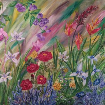 Pintura intitulada "Garden flowers" por Rachel Lo Hun, Obras de arte originais, Acrílico