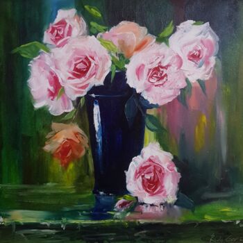 Painting titled "White Roses Paintin…" by Rada Gor, Original Artwork, Oil
