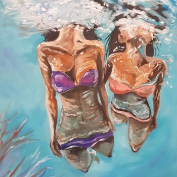 Ζωγραφική με τίτλο "Two Divers Girls Sw…" από Rada Gor, Αυθεντικά έργα τέχνης, Λάδι