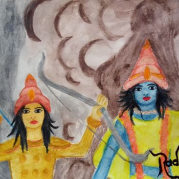 Painting titled "A batalha de kuruks…" by Radharani, Original Artwork, Watercolor