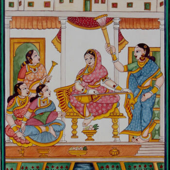 Картина под названием "“Rani playing veena”" - Radhika G, Подлинное произведение искусства, Акварель