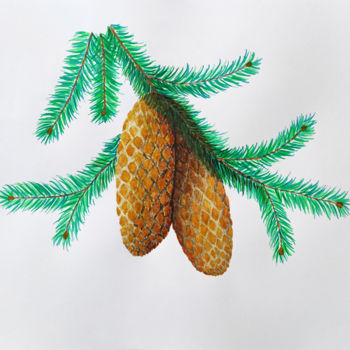 Malerei mit dem Titel "Spruce branch with…" von Art$Art, Original-Kunstwerk, Aquarell