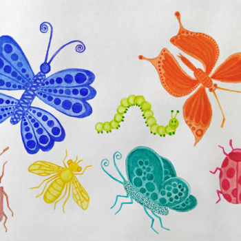 Malerei mit dem Titel "Insects in childs w…" von Art$Art, Original-Kunstwerk, Aquarell