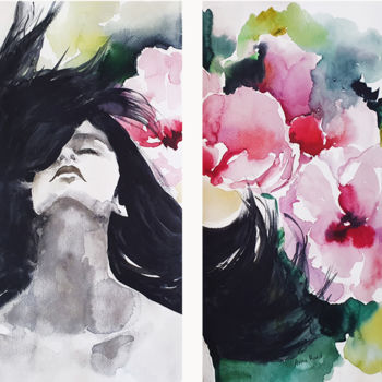 Painting titled "Woman and flowers" by Anna Radis (Anna Radis Art), Original Artwork, Watercolor