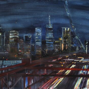 Painting titled "Brooklyn Bridge" by Anna Radis (Anna Radis Art), Original Artwork, Watercolor