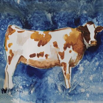 Malerei mit dem Titel "Cow in the night" von Anna Radis (Anna Radis Art), Original-Kunstwerk, Aquarell