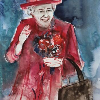 Malerei mit dem Titel "Queen Elizabeth II…" von Anna Radis (Anna Radis Art), Original-Kunstwerk, Aquarell