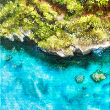 Painting titled "Curaçao beach" by Radmila Lipska, Original Artwork, Oil Mounted on Wood Stretcher frame