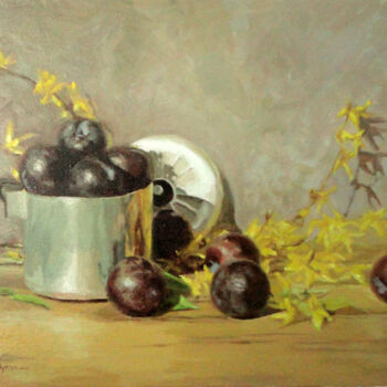 Pintura intitulada "Plums and yellow bl…" por Radosveta Zhelyazkova, Obras de arte originais, Óleo