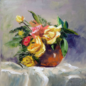 Malarstwo zatytułowany „Roses jaunes dans u…” autorstwa Radu Focsa, Oryginalna praca, Olej