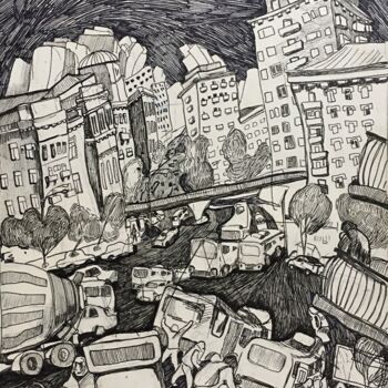 Рисунок под названием "'''City''" - Raffi Ghazaryan, Подлинное произведение искусства, Гелевая ручка