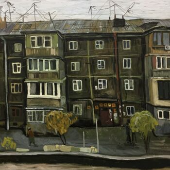 Painting titled "'Cityscape''" by Raffi Ghazaryan, Original Artwork, Oil Mounted on Wood Stretcher frame