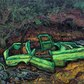 Painting titled "''Abandoned car'' 2" by Raffi Ghazaryan, Original Artwork, Oil Mounted on Wood Stretcher frame